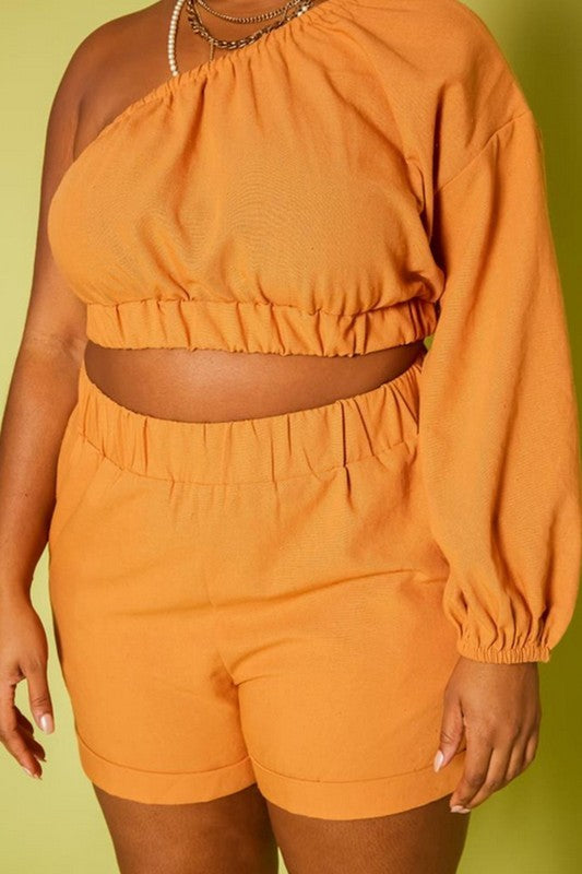 Plus Size One Sleeve Crop Top 2 Piece Short Set