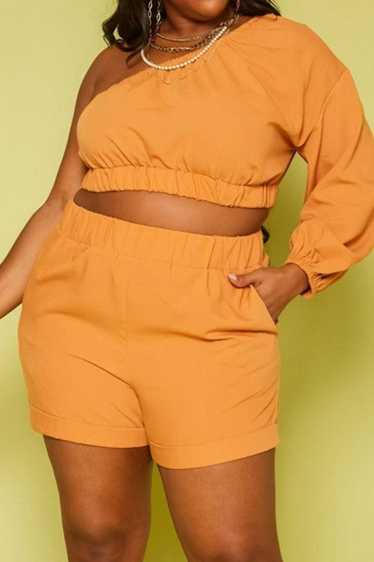Plus Size One Sleeve Crop Top 2 Piece Short Set