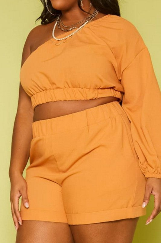 Plus Size One Sleeve Crop Top 2 Piece Short Set