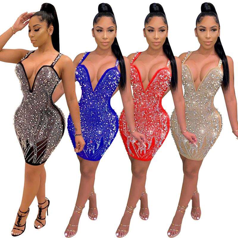 Beaded Rhinestone Dress Red