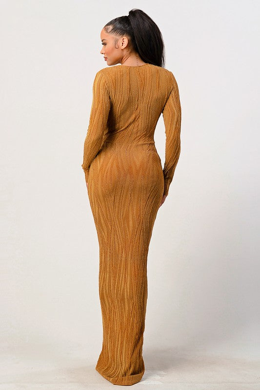 Deep Ruffled Detail Metallic Dress
