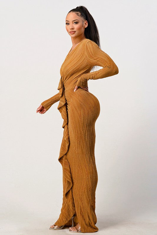 Deep Ruffled Detail Metallic Dress