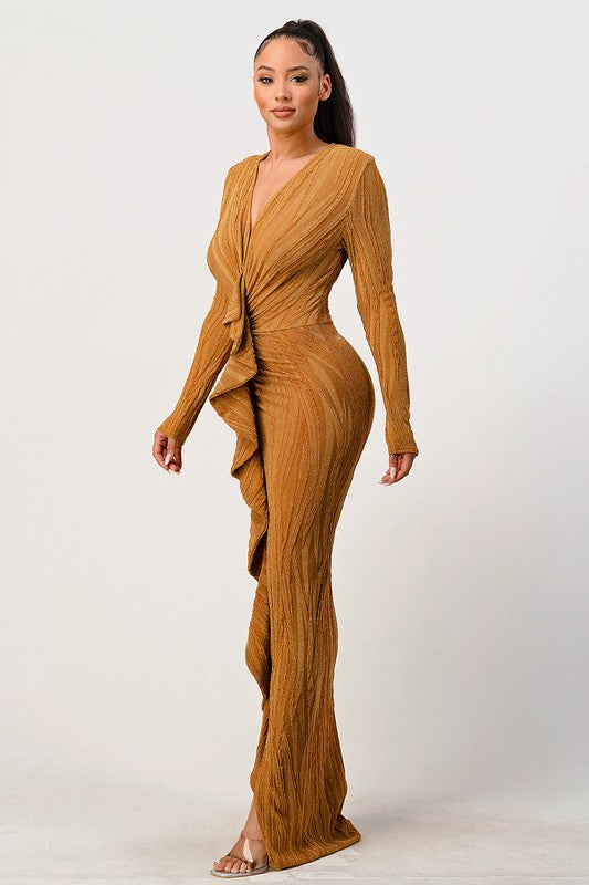 Deep Ruffled Detail Metallic Dress