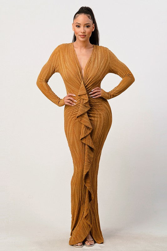 Deep Ruffled Detail Metallic Dress
