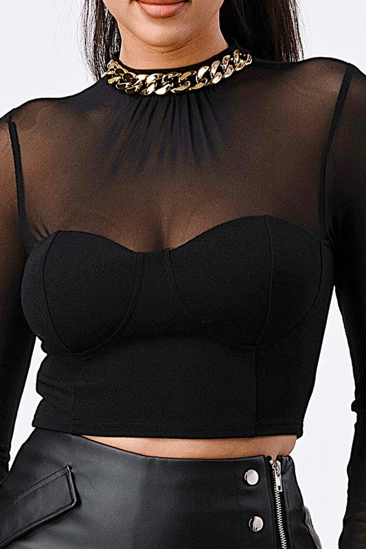 SHEER MESH GOLD CHAIN TOP