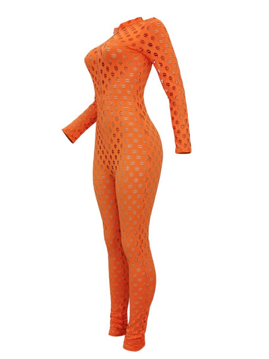 Mandarin Collar Hollow-out Orange One-piece Jumpsuit