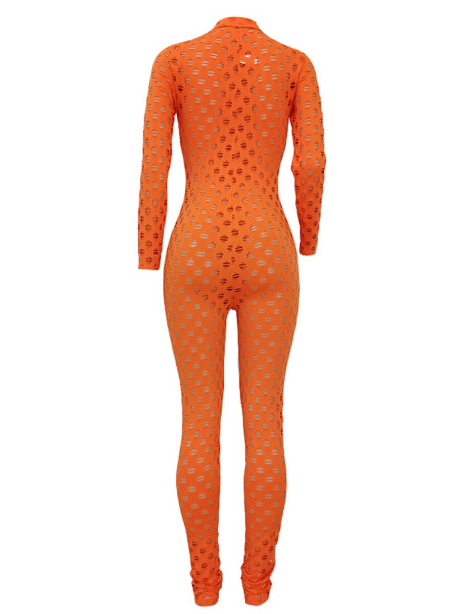 Mandarin Collar Hollow-out Orange One-piece Jumpsuit