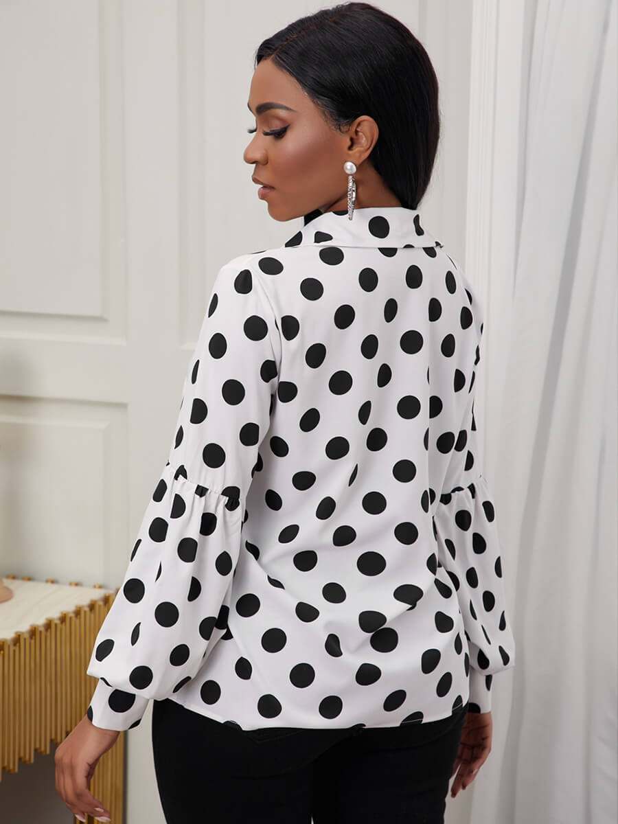 Dot Print Ruffle Design White Blouse