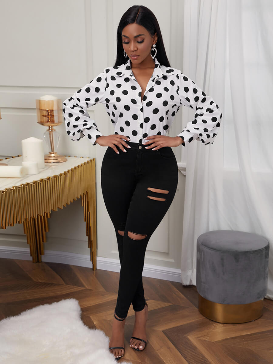 Dot Print Ruffle Design White Blouse