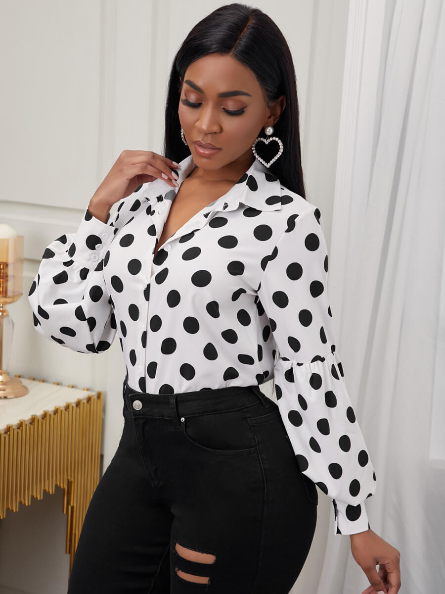 Dot Print Ruffle Design White Blouse