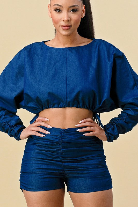 Denim Blue Pleated Short Set