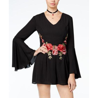 Material Girl Appliqued Romper Caviar Black XS - Desireez