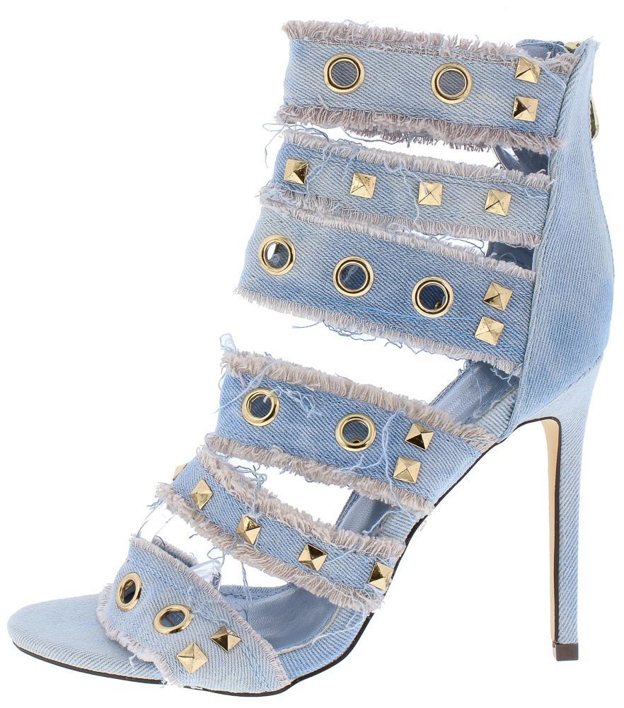 DENIM FRAYED OPEN TOE EMBELLISHED STRAPPY HEEL - Desireez