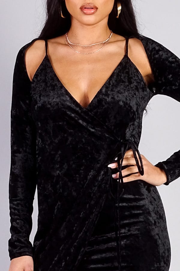Velvet Cutout Wrap Dress Black
