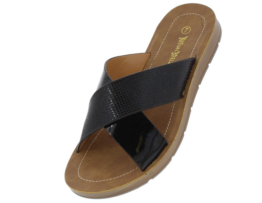 OPEN TOE CROSS STRAP SLIDE ON SANDAL Black - Desireez