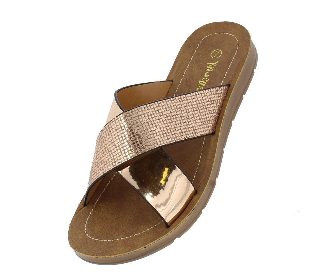 OPEN TOE CROSS STRAP SLIDE ON SANDAL Rose Gold - Desireez