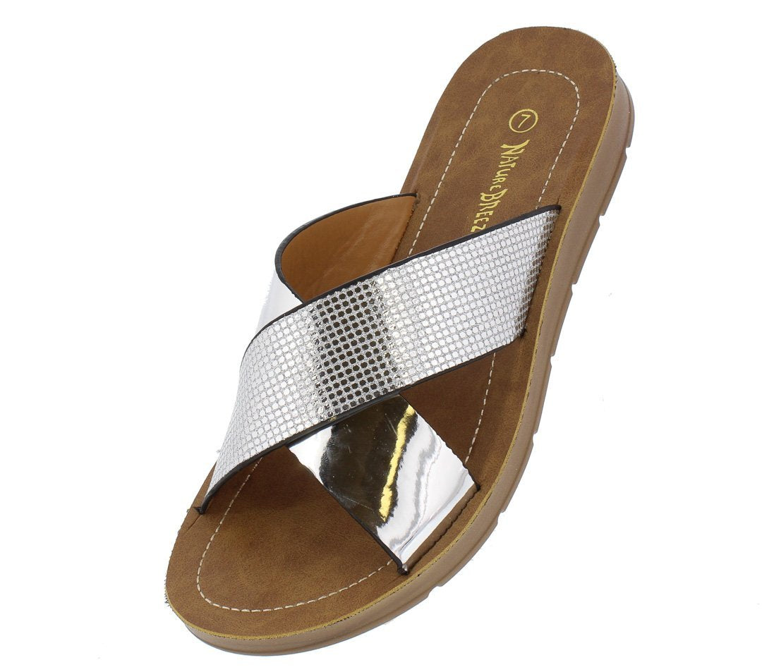 OPEN TOE CROSS STRAP SLIDE ON SANDAL Silver - Desireez
