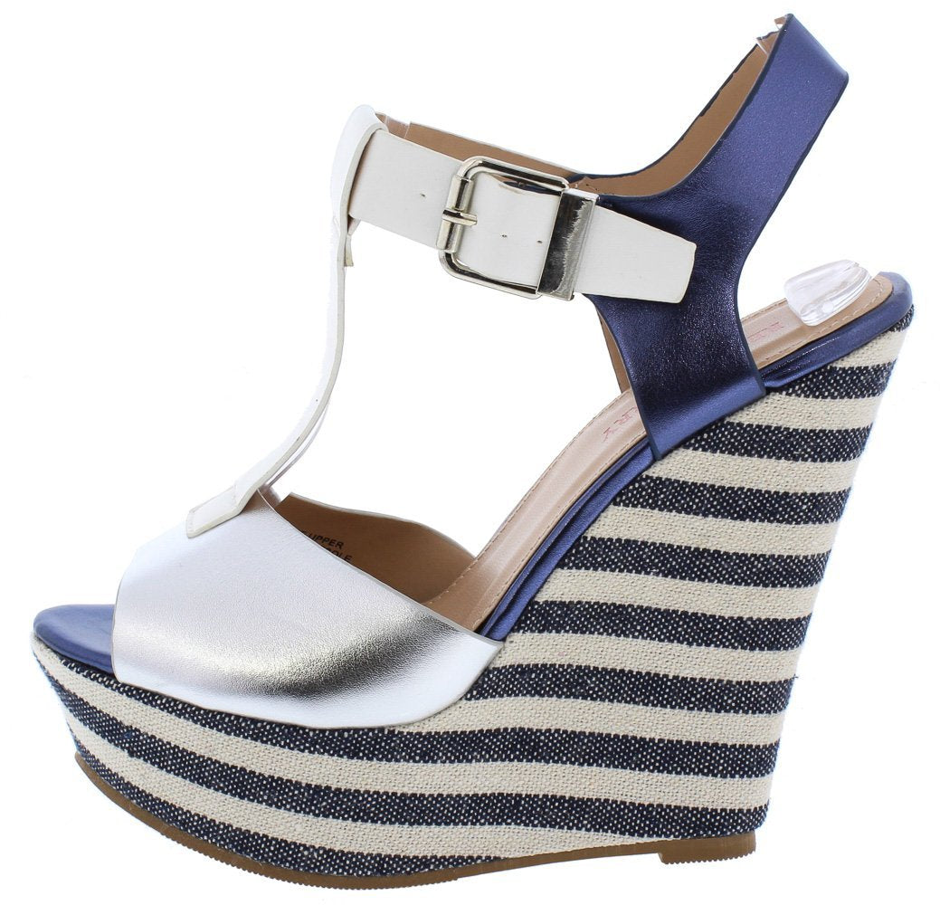 Emma123 Multi Blue Striped Peep Toe T Strap Platform Wedge - Desireez