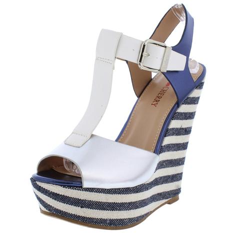 Emma123 Multi Blue Striped Peep Toe T Strap Platform Wedge - Desireez