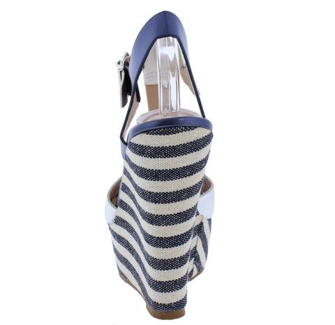 Emma123 Multi Blue Striped Peep Toe T Strap Platform Wedge - Desireez