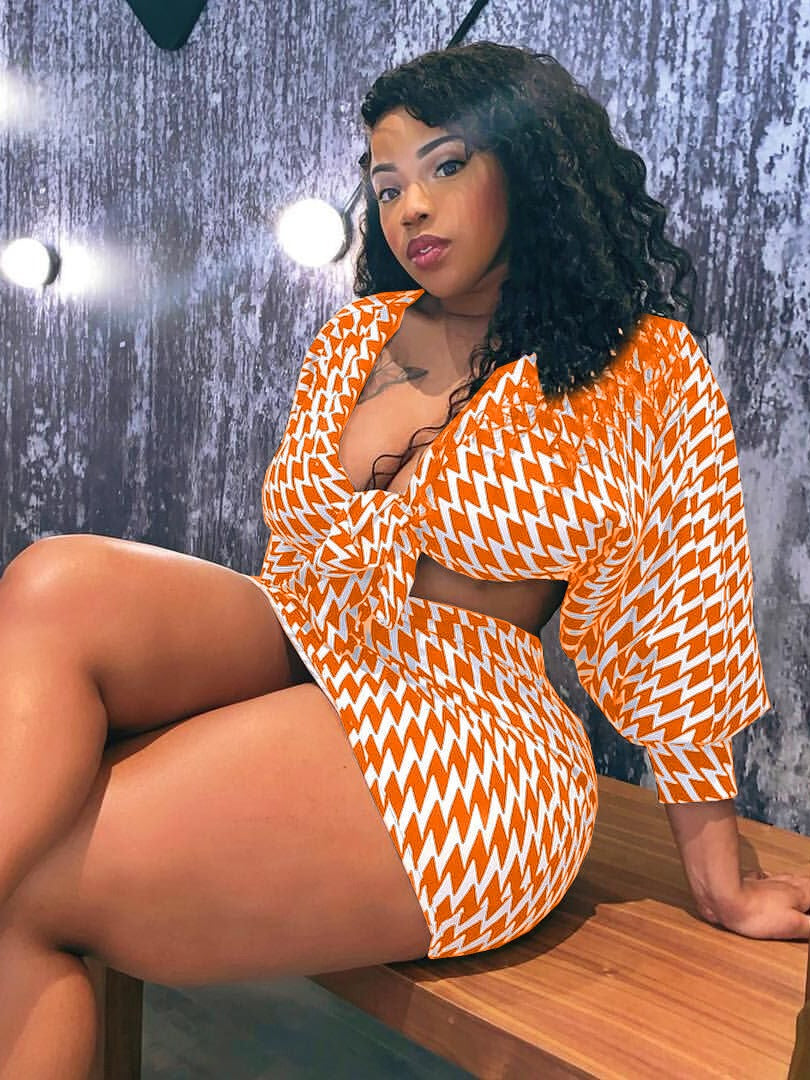 Houndstooth Two Piece Skirt Sets Orange