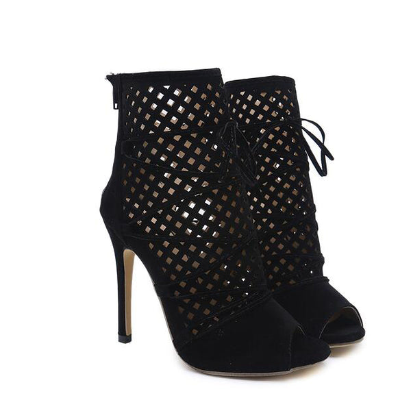 Hollow Out Black Bandage Peep Toe Boot Sandals - Desireez