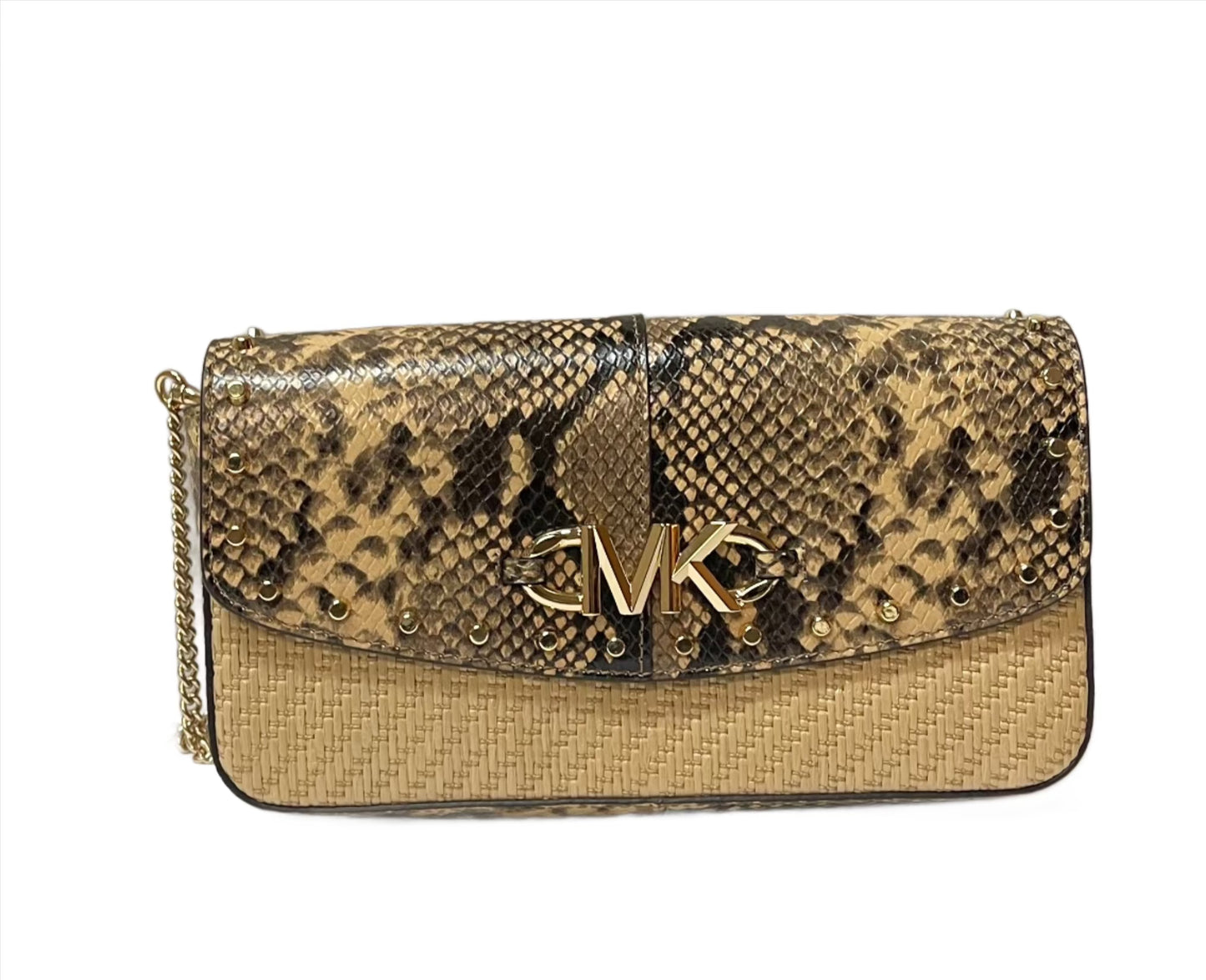 Michael Kors Izzy Studded Python Embossed Leather Clutch Crossbody Bag - Natural