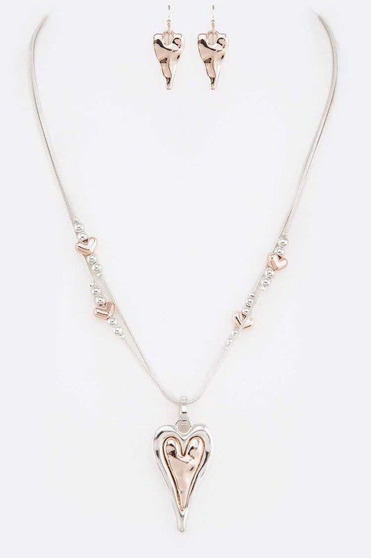 2 Tone Heart Pendant Necklace Set