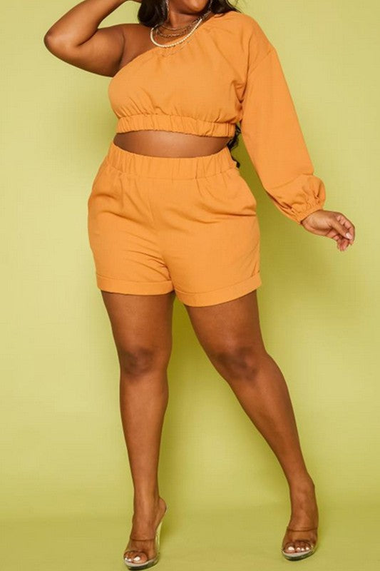 Plus Size One Sleeve Crop Top 2 Piece Short Set