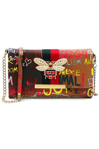 Queen Bee Stripe Graffiti Crossbody Clutch Wallet