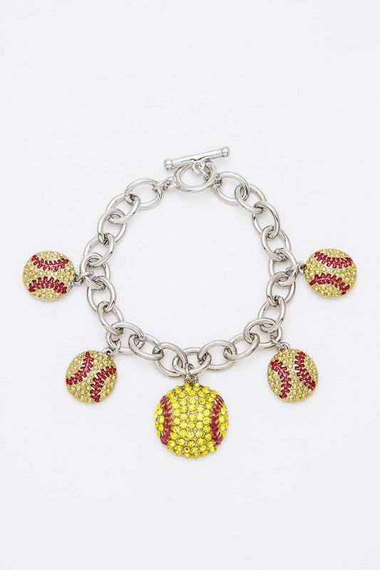 Crystal Softball Charm Toggle Bracelet