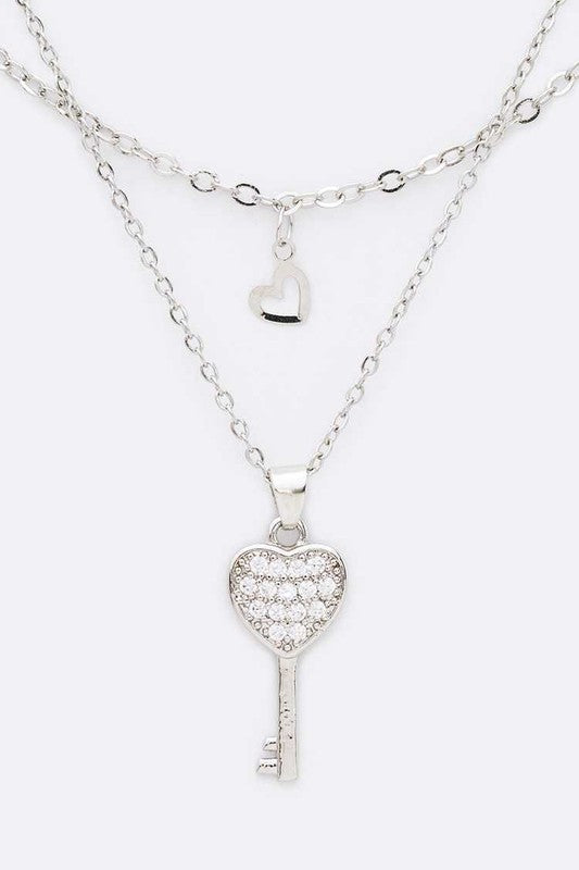 CZ Heart And Key Layered Pendant Necklace