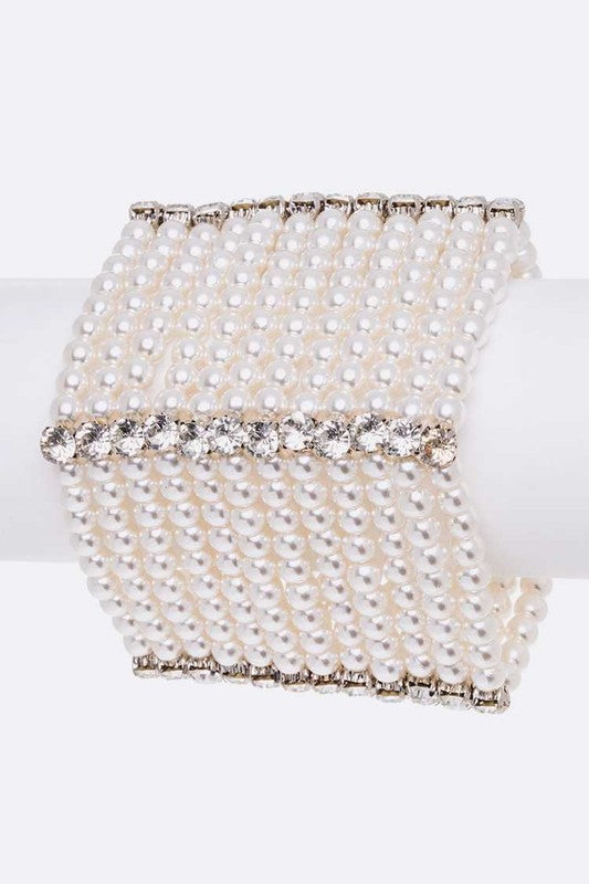 Crystal Accent Layered Pearl Statement Bracelet