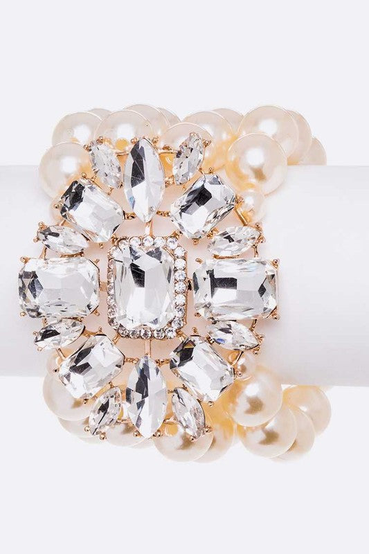Crystal Flower Statement Pearl Stretch Bracelet