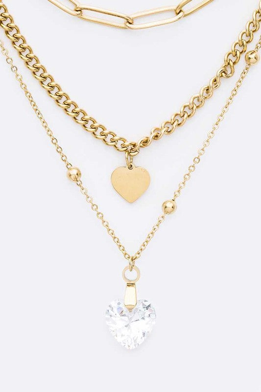Stainless Steel Crystal Heart Layer Necklace