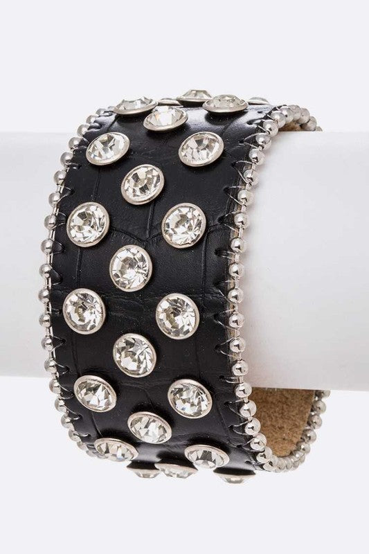 Crystal Studds Croc Embossed Leather Cuff
