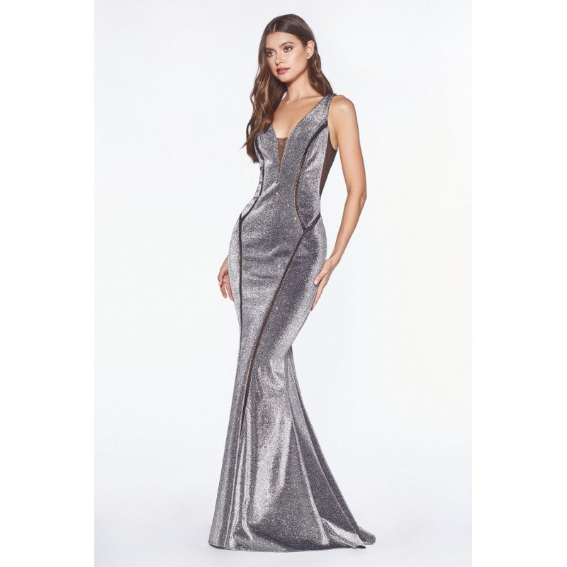 Metallic Fitted Glitter Mesh Cut Out Silver Mermaid Dress