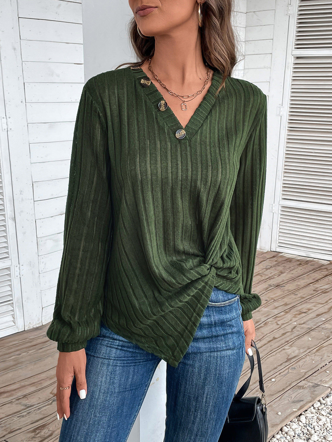 Twisted V-Neck Buttoned Long Sleeve T-Shirt