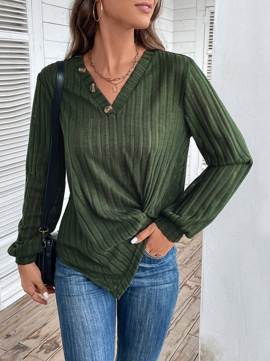 Twisted V-Neck Buttoned Long Sleeve T-Shirt