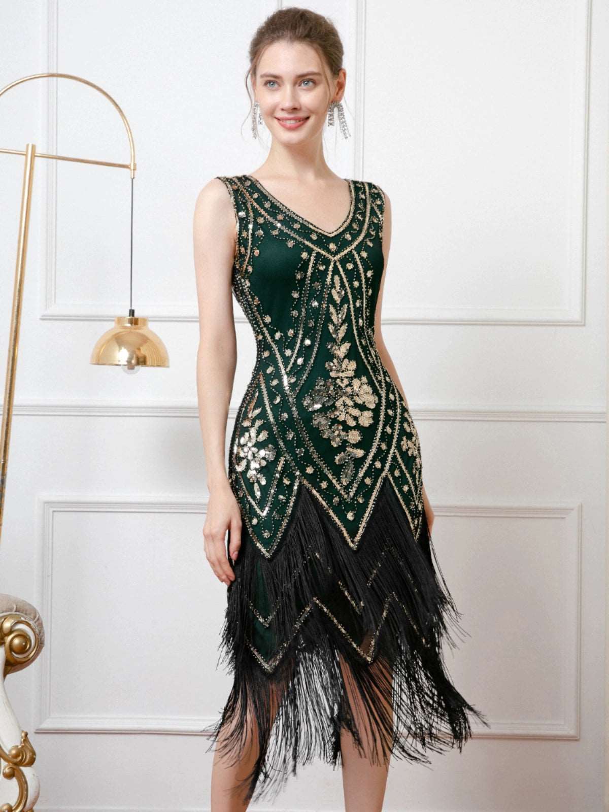 1920S Retro Double-Layered Tassel Dress Gatsby Prom Sequin Dress Party V-neck Bead Dance Dress