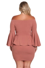 Dusty Pink Off The Shoulder Bell Sleeves Peplum Plus Dress - Desireez 