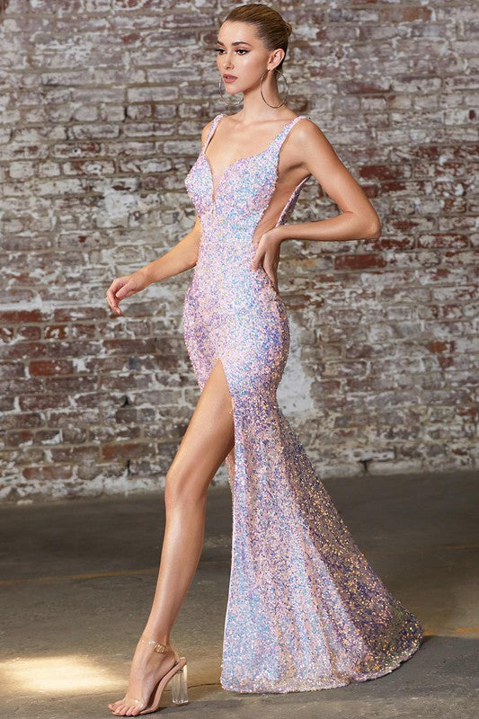 Fitted sequin Iridescent Sequin gown with illusion cut outs and open back