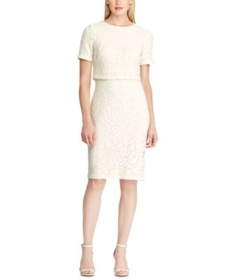 RALPH LAUREN White Short Sleeve Knee Length Sheath Evening Dress