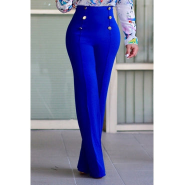 High Waist Double-breasted Design Blue Polyester Pants - Desireez 
