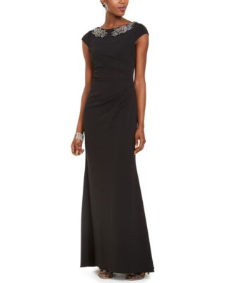 Adrianna Papell Crepe Beaded Gown Black Evening Dress 8