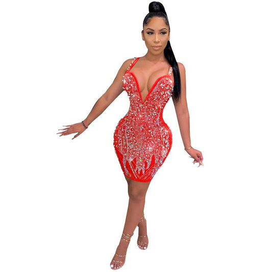 Beaded Rhinestone Dress Red