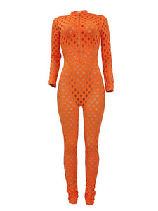 Mandarin Collar Hollow-out Orange One-piece Jumpsuit