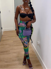 High-waisted Print Patchwork Green Pants