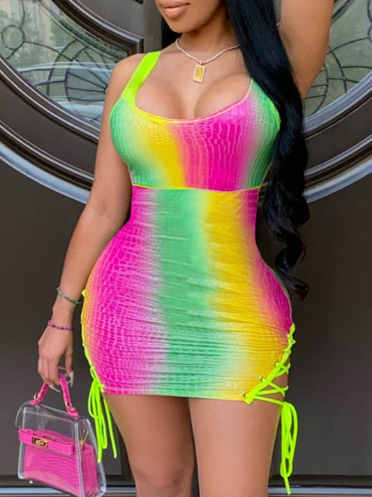 Gradient Bandage Hollow-out Design Multicolor Mini Plus Size Dress