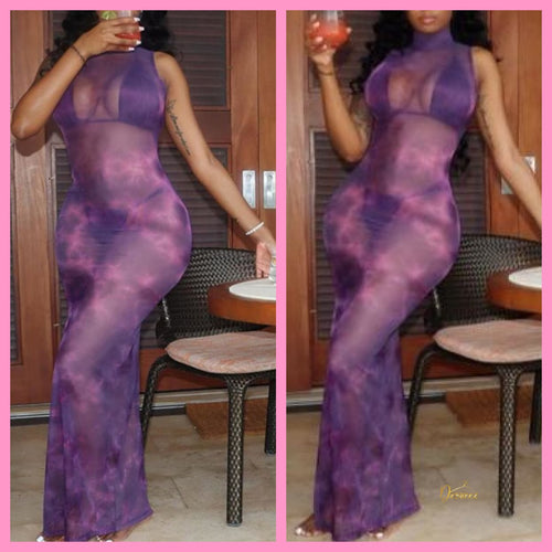 Turtleneck See-through Tie-dye Purple Floor Length Dress by@Outfy